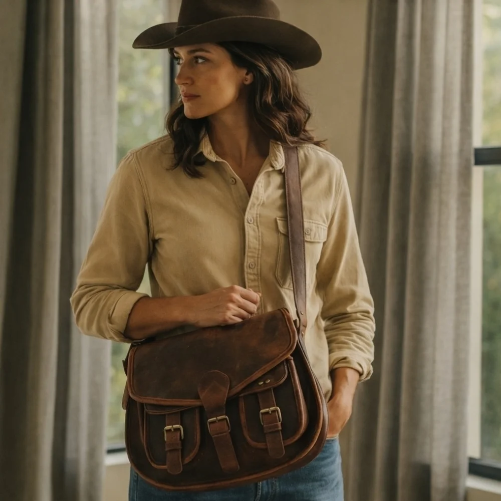 Western Rugged Distressed Grunge Brown Leather Boho Cowboy Messenger Utility Bag